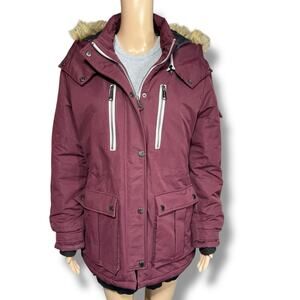 Wantdo Womens Ski Jacket Parka Winter Coat Faux Fur Hood Burgundy Red Medium